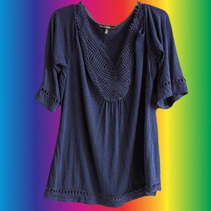 White House Black Market -- Blue Top with Crochet Collar -- XL